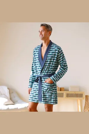 BLANCHEPORTE Robe De Chambre Courte Imprimée Col Châle Uni