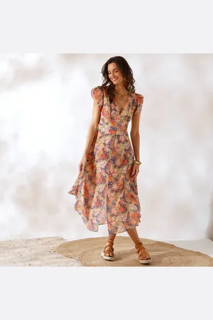 Coeur au sud Robe Col V Mancherons Volantés, Voile Imprimé
