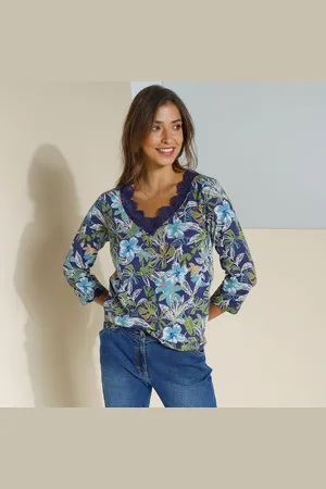 BLANCHEPORTE T-shirt Imprimé Col V Macramé, Manches 3/4