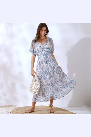 Coeur au sud Robe Col V, Voile Imprimé