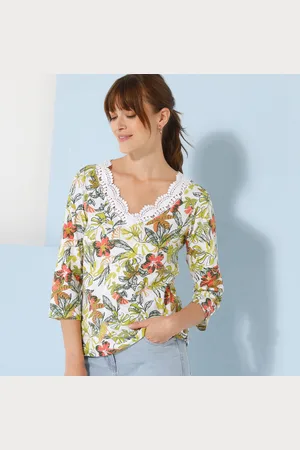 BLANCHEPORTE T-shirt Imprimé Col V Macramé, Manches 3/4