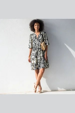 BLANCHEPORTE Robe Évasée À Volants, Imprimé Ethnique Bicolore