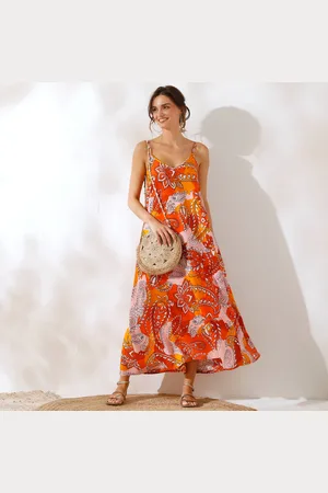 Coeur au sud Robe Longue Imprimée Col V Fines Bretelles