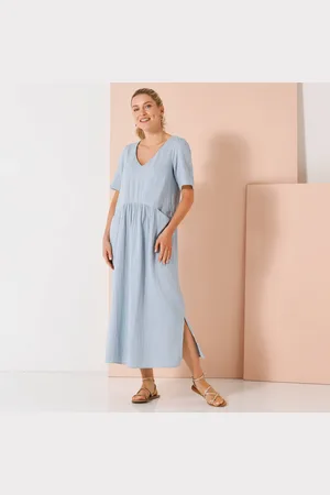 BLANCHEPORTE Robe Longue Unie Col V, Gaze De Coton