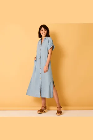 BLANCHEPORTE Robe-chemisier Longue En Jean, Manches Courtes