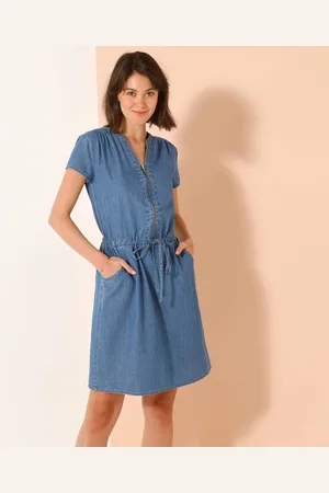 BLANCHEPORTE Robe Courte Col Zippé, Denim Léger