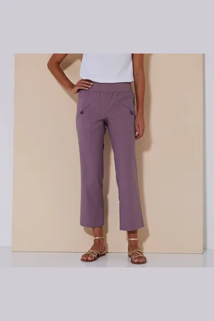 BLANCHEPORTE Pantalon Coupe Droite 7/8ème Taille Élastiquée, Lin Coton