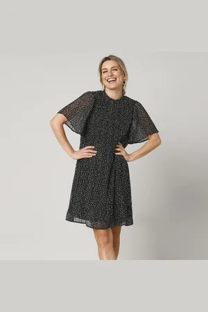 BLANCHEPORTE Robe En Voile Plissé Imprimé Pois, Manches "papillons"