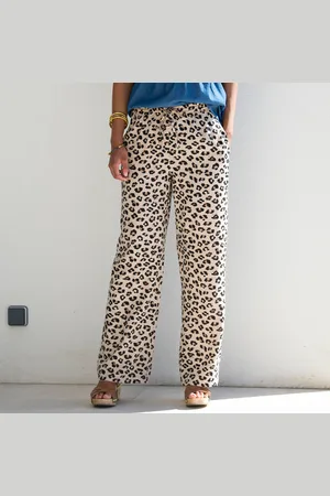 BLANCHEPORTE Pantalon Fluide Taille Haute, Imprimé Léopard