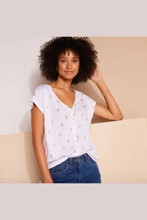BLANCHEPORTE T-shirt Col V Boutonné Imprimé Cerises Dorées