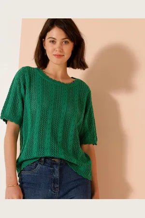 BLANCHEPORTE Pull Festonné Col Rond Manches Coudes, Maille Ajourée Fantaisie