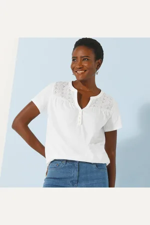 BLANCHEPORTE T-shirt Col Tunisien Manches Courtes, Broderie Anglaise