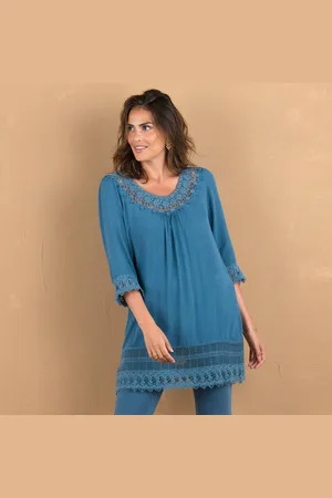 Lora Zellini Tunique Macramé Manches 3/4, Crépon