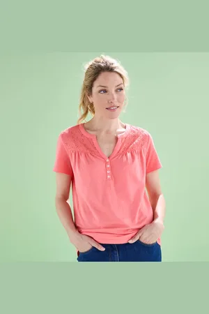 BLANCHEPORTE T-shirt Col Tunisien Manches Courtes, Broderie Anglaise