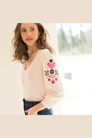 BLANCHEPORTE T-shirt Brodé Col V, Manches 3/4