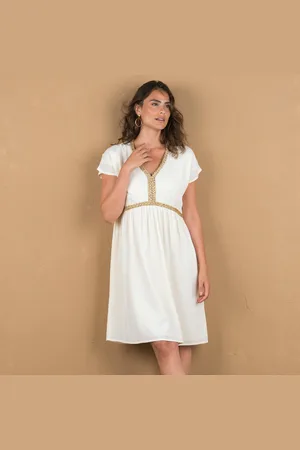 Lora Zellini Robe Courte Col V, Détails Tressés Dorés, Crépon