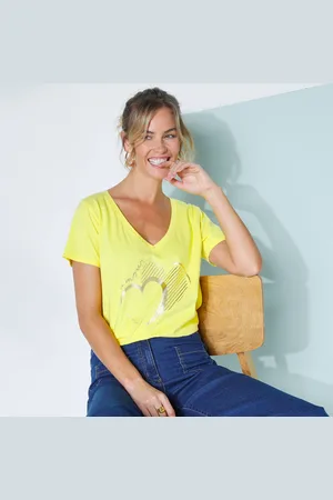 BLANCHEPORTE T-shirt Col V Imprimé Doré