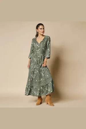 Lora Zellini Robe Longue Imprimée Manches 3/4, Détails Macramé