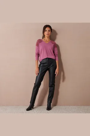 BLANCHEPORTE T-shirt Col V Manches Longues Dentelle