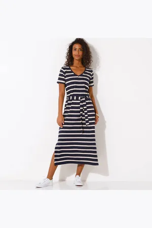 BLANCHEPORTE Robe Mi-longue Ceinturée Col V, Maille Rayée