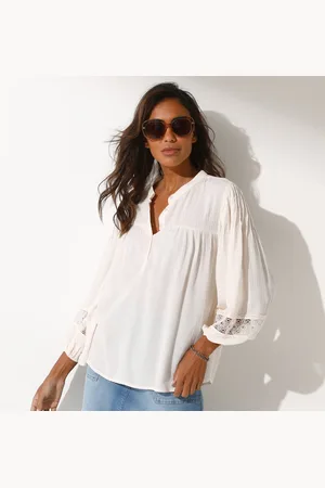 BLANCHEPORTE Blouse Unie, Détails Macramé, Crépon