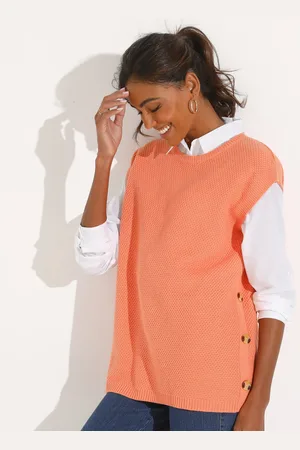 BLANCHEPORTE Pull-tunique Sans Manches À Boutons Effet Corne, Maille Fantaisie
