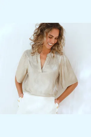 BLANCHEPORTE T-shirt Doré Manches "coude", Maille Fantaisie Plissée