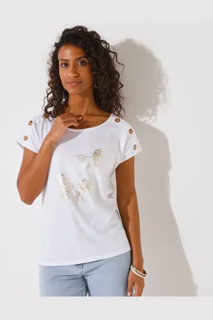 BLANCHEPORTE T-shirt Col Rond Imprimé Papillon Doré