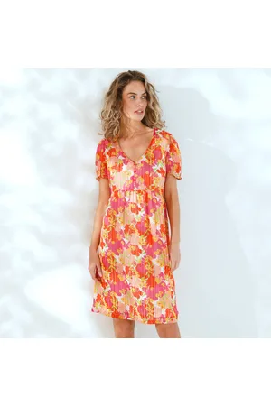 BLANCHEPORTE Robe Courte Imprimée Grandes Fleurs, Voile Fils Brillants