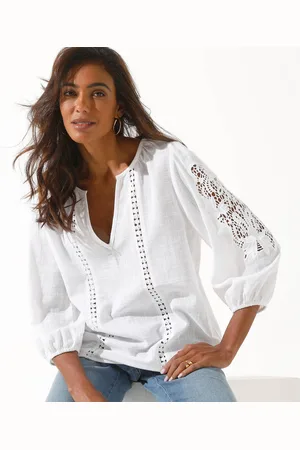 BLANCHEPORTE Blouse Unie Macramé, Manches Brodées