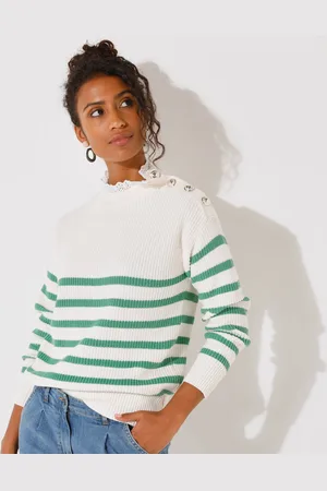 BLANCHEPORTE Pull Rayé, Col Broderie Anglaise