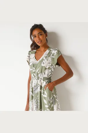 BLANCHEPORTE Robe Longue Macramé, Imprimé Tropical, Taille Smockée