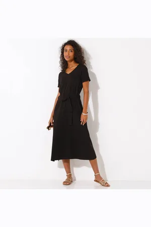 BLANCHEPORTE Robe Mi-longue Ceinturée Col V, Maille Unie