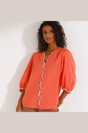 BLANCHEPORTE Blouse Brodée En Coton Unie, Manches 3/4