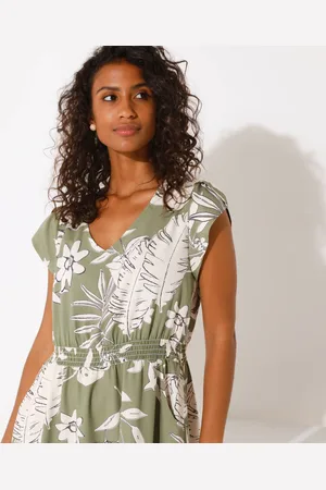 BLANCHEPORTE Robe Courte Macramé, Imprimé Tropical, Taille Smockée