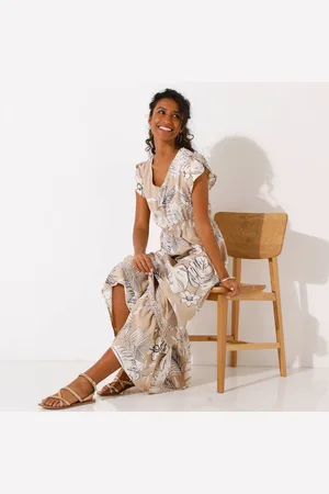 BLANCHEPORTE Robe Longue Macramé, Imprimé Tropical, Taille Smockée