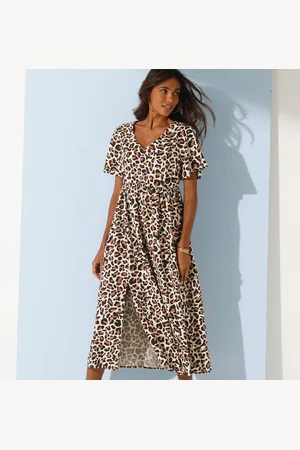BLANCHEPORTE Robe Longue Manches Papillons, Imprimé Léopard