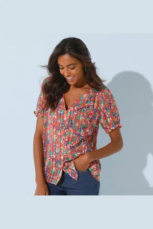 BLANCHEPORTE Chemisier Boutonné Manches Blousantes Imprimé, Voile Jacquard