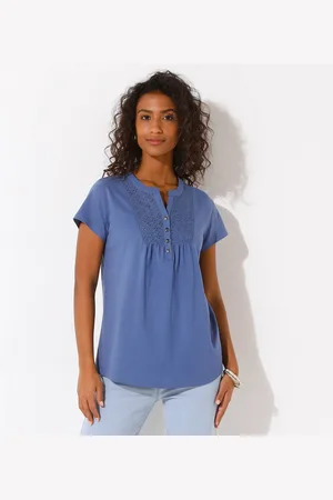 BLANCHEPORTE T-shirt Col Tunisien Manches Courtes, Broderie Anglaise