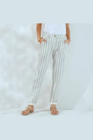 BLANCHEPORTE Pantalon Coupe Mom Coton-lin Rayé