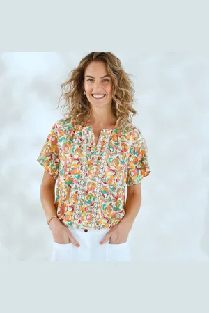 BLANCHEPORTE Blouse Manches Courtes Finitions En Macramé, Imprimée
