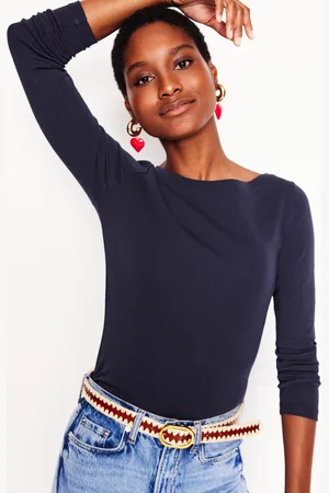Boden Top essentiel à col bateau en jersey-Bleu Marine, Petits Pois