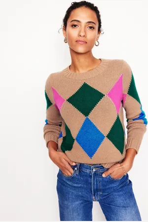 Boden Pull col rond à motif argyle-Camel chiné, multi