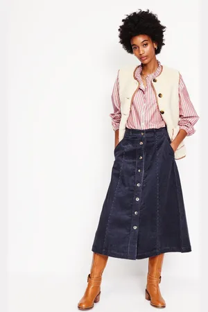 Boden Jupe midi Petra en velours côtelé-Bleu Marine, Petits Pois