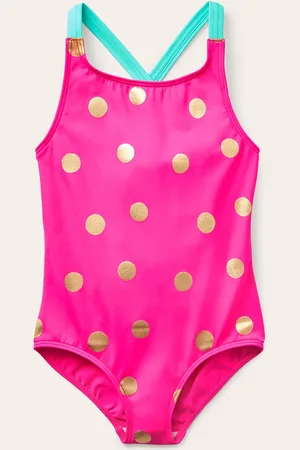 Boden Maillot de bain imprimé croisé dans le dos-Rose fuchsia, pois dorés métallisés