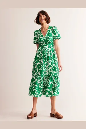 Boden Robe midi Eve en lin-Vert tambourin, motif Tulip Garden