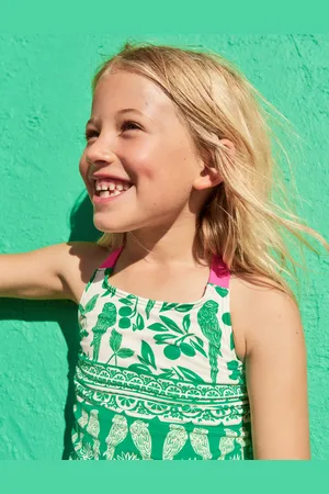Boden Top de tankini croisé dans le dos-Motif Parrot Palm émeraude profond