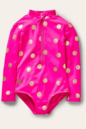Boden Maillot de bain à manches longues-Rose fuchsia, pois dorés métallisés