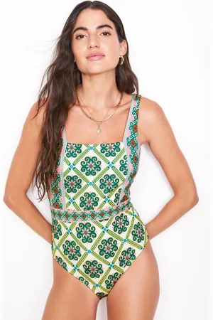Boden Maillot de bain Lefkada col carré-Émeraude profond, motif Baroque Tile