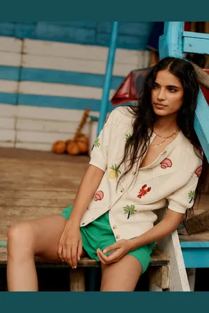 Boden Bestickte Strickjacke mit kurzen Ärmeln-Warmes Naturweiß, Tropical Bonanza-Motiv